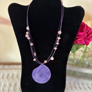 Layered pendant purple round base necklace with wood‎ beads. 18”